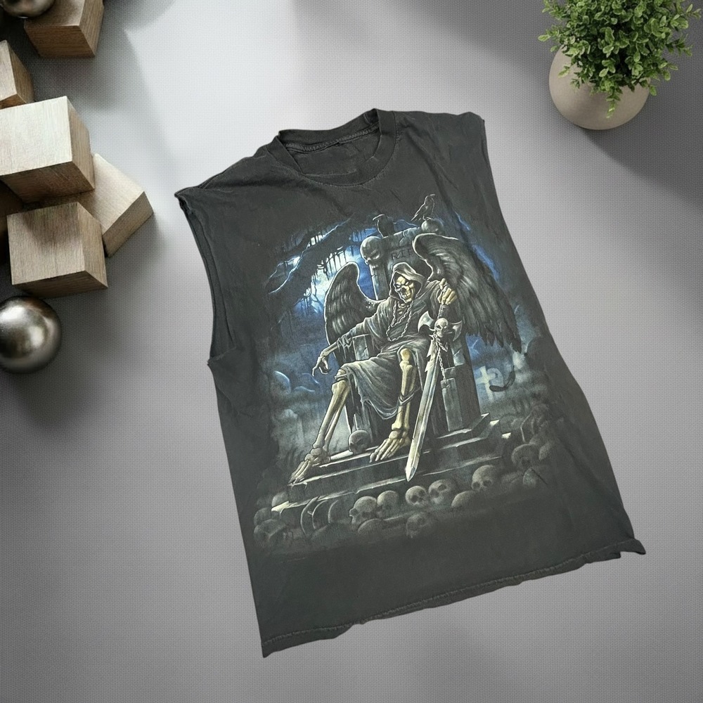 Vintage 90s Grim Reaper Graphic Muscle Tee Faded Black Sleeveless Shirt Skater L